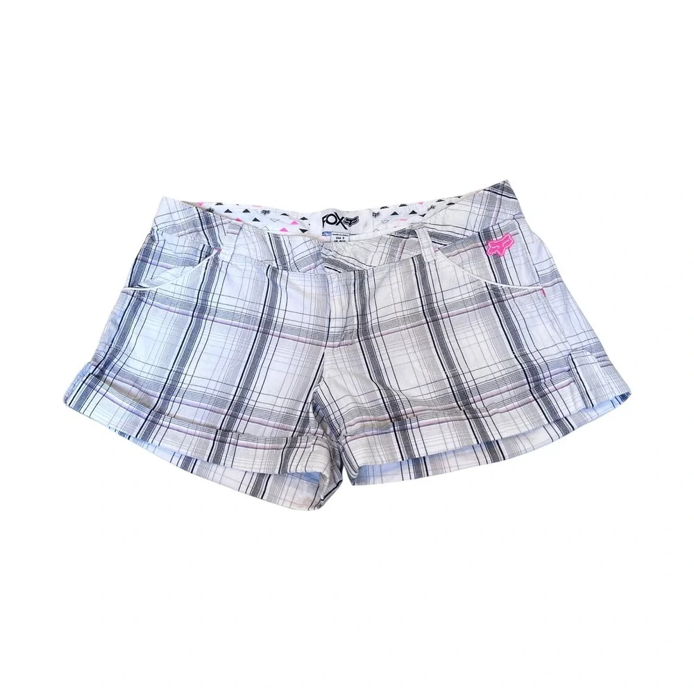 Fox Racing Plaid Shorts Womens 5‎ White Pink Black Embroidered Logo Low Rise Y2K